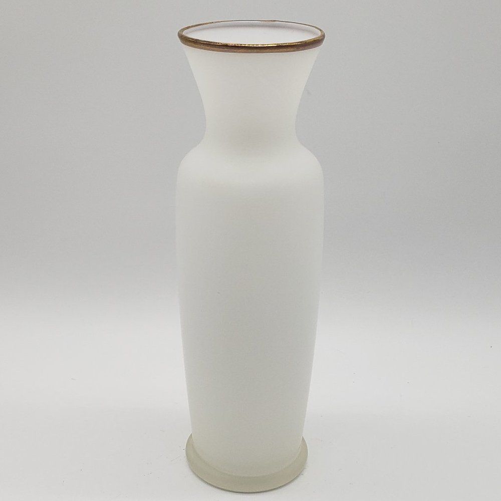 Norleans Vintage Satin Milk Glass Blue Roses Grey Leaves Gold Gilt Vase - Picture 9 of 11